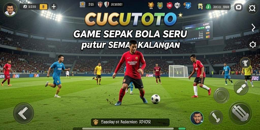 Screenshot utama gameplay CUCUTOTO dengan aksi sepak bola yang mendebarkan.