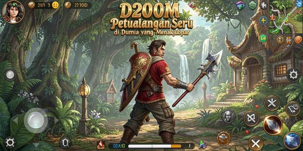 Screenshot D200M menunjukkan aksi mendebarkan dalam game petualangan.