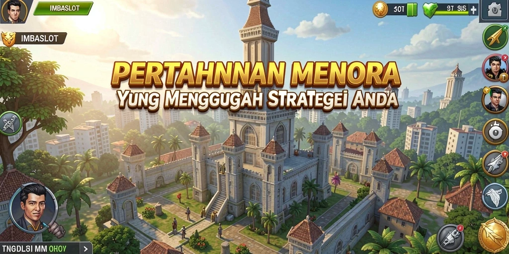 Tampilan gameplay menarik di <strong>IMBASLOT</strong> dengan menara dan musuh yang dinamis.