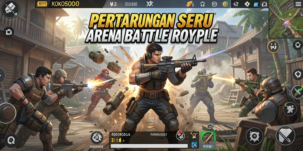 Screenshot utama KOKO5000 menampilkan aksi menegangkan dalam arena Battle Royale.