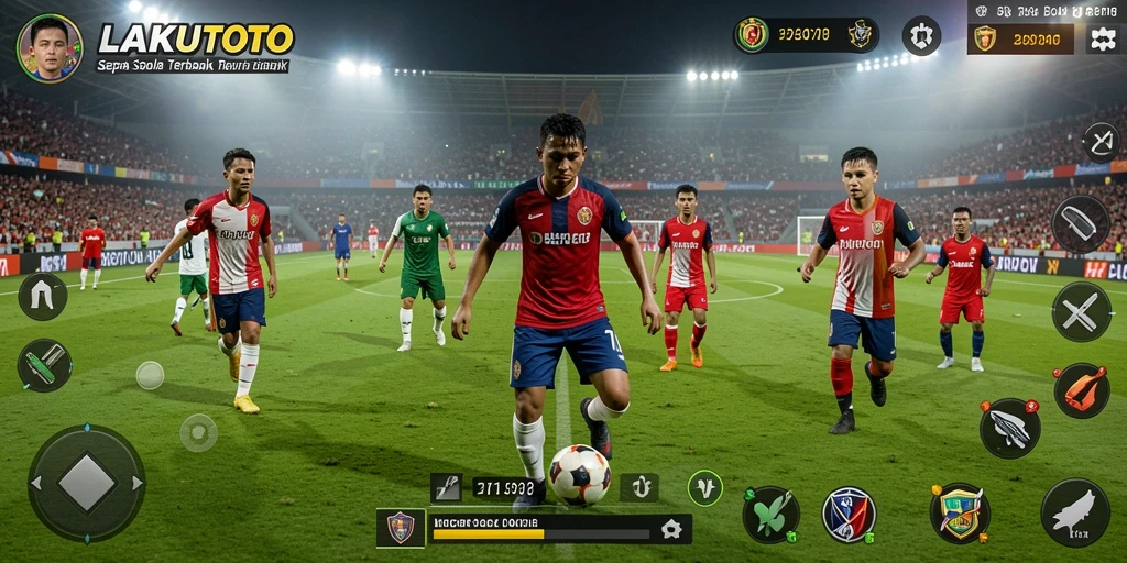 Screenshot utama LAKUTOTO menampilkan aksi seru di lapangan sepak bola.