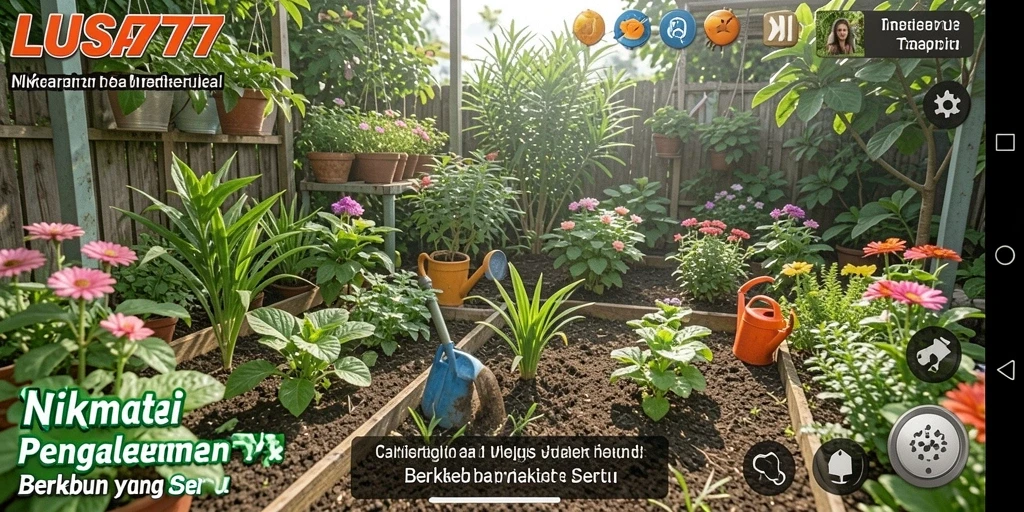 Tangkapan layar utama LUSA777 menampilkan gameplay berkebun yang seru.