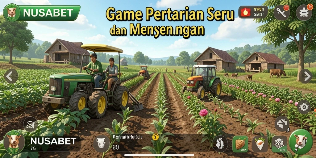 Screenshot gameplay NUSABET menampilkan ladang subur dan hewan ternak.