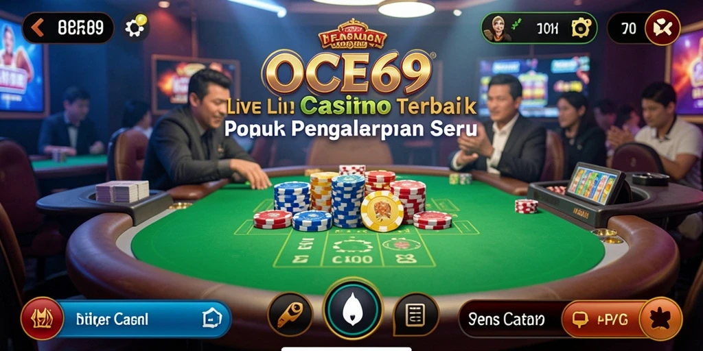 Screenshot OCE69 menampilkan dealer langsung yang ramah dan permainan seru dalam suasana kasino.