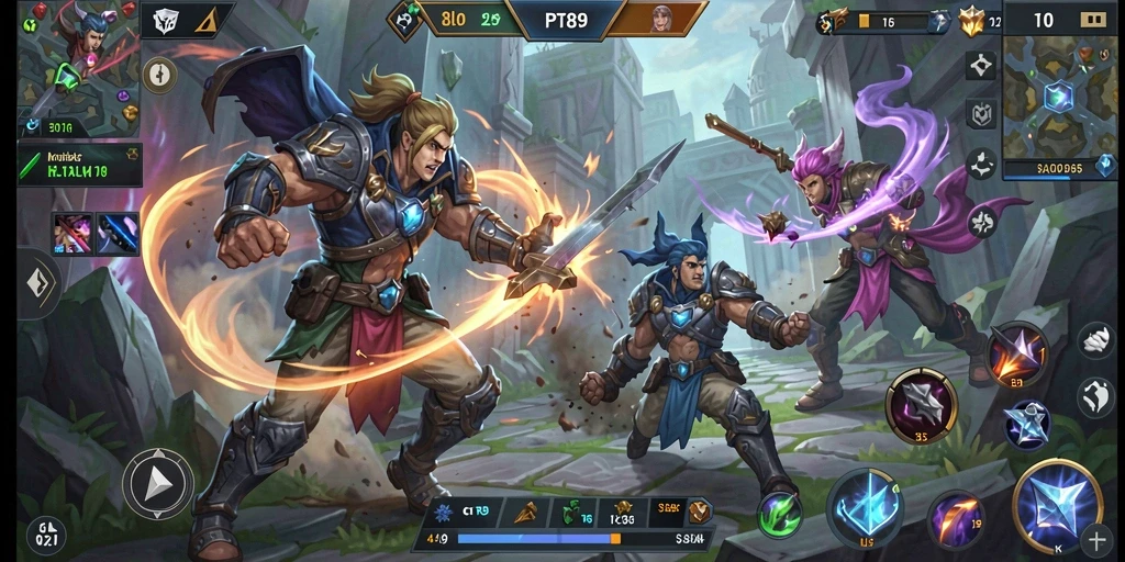 Screenshot gameplay PT89 menampilkan aksi pertarungan MOBA yang seru.