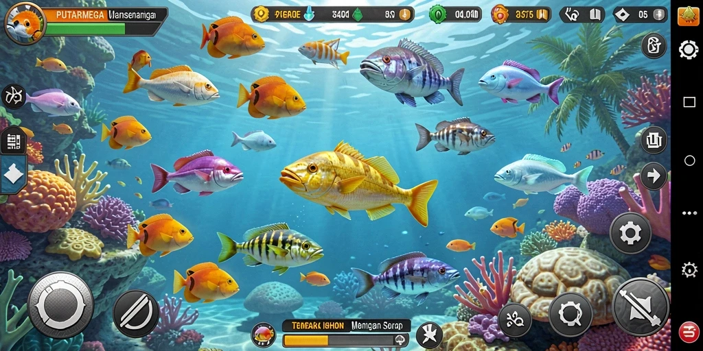 Screenshot gameplay PUTARMEGA menampilkan aksi seru menembak ikan.