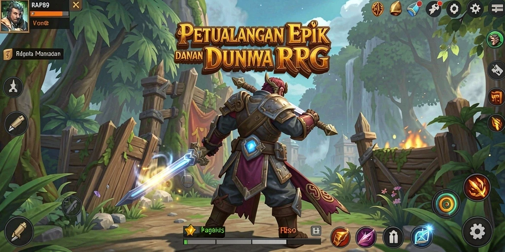 Screenshot gameplay RPG yang menampilkan pertarungan epik dan eksplorasi dunia.
