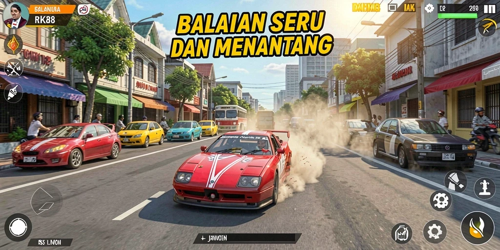 Screenshot gameplay RK88 menampilkan aksi balapan yang mendebarkan dan kendaraan yang memukau.
