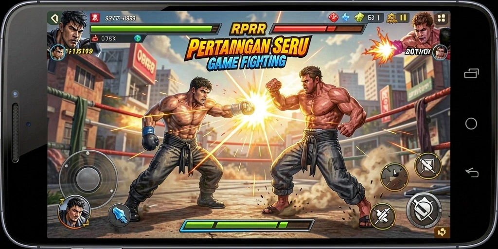 Screenshot gameplay RPRR menampilkan pertarungan seru dengan berbagai karakter.
