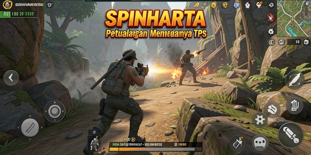 Tangkapan layar utama SPINHARTA menampilkan aksi tembak-menembak yang mendebarkan.