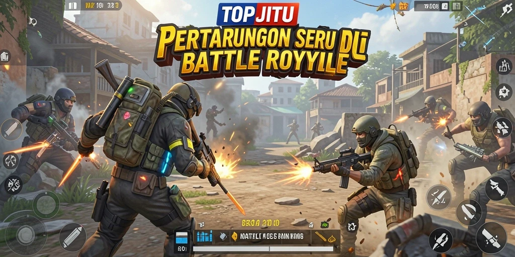 Tangkapan layar utama gameplay <strong>TOPJITU</strong> yang menampilkan pertempuran seru di arena Battle Royale.