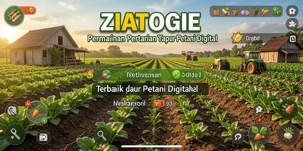 Tangkapan layar gameplay ZIATOGEL menampilkan ladang pertanian yang subur dan hewan ternak.